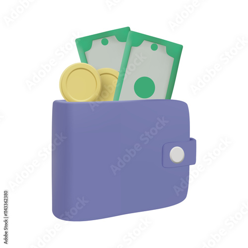 Vector illustration, 3D render of a purple wallet icon with a green banknote and a gold coin inserted inside. It represents finance, savings, investment, business, spending isolated on a white