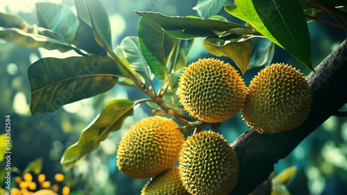 Sunlit Jackfruit on Branch: A Tropical Delight