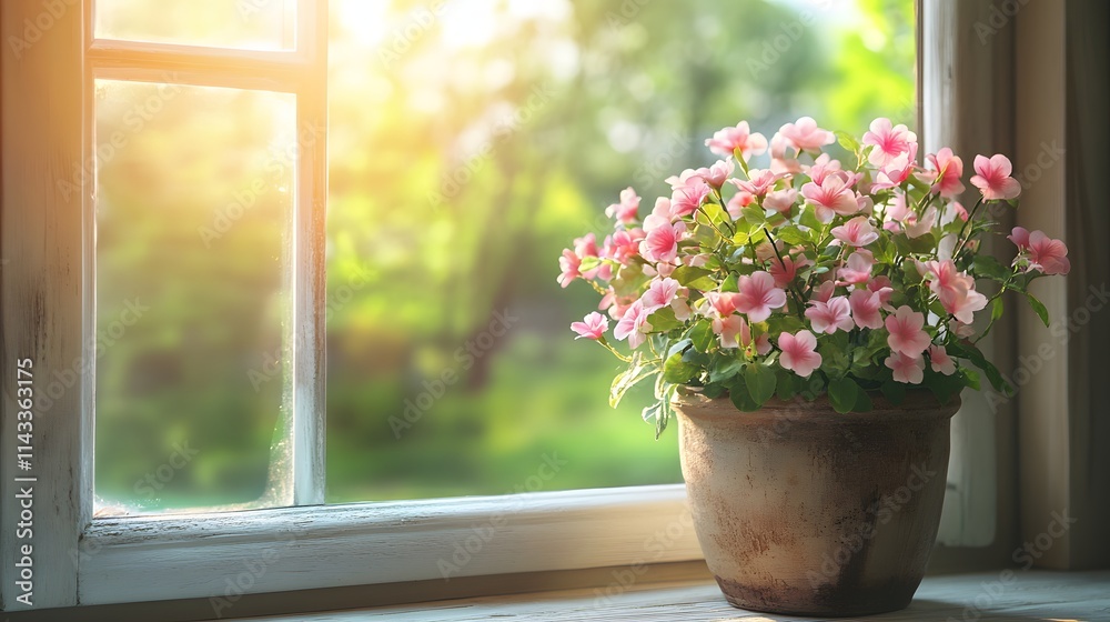 Pink flowers in pot by sunny windowsill Pink flowers in pot by sunny windowsill
