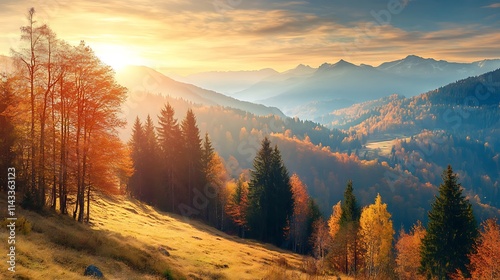 Autumn Sunrise in the Mountains. Scenic Fall Landscape.