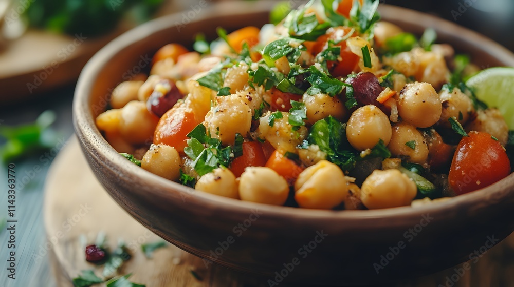 Vibrant chickpea salad with fresh herbs and colorful vegetables in a wooden bowl. Vibrant chickpea salad with fresh herbs and colorful vegetables in a wooden bowl.