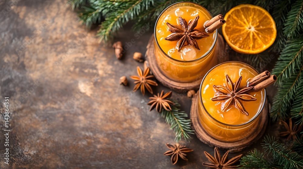 Two refreshing orange drinks adorned with spices and garnishes. Two refreshing orange drinks adorned with spices and garnishes.