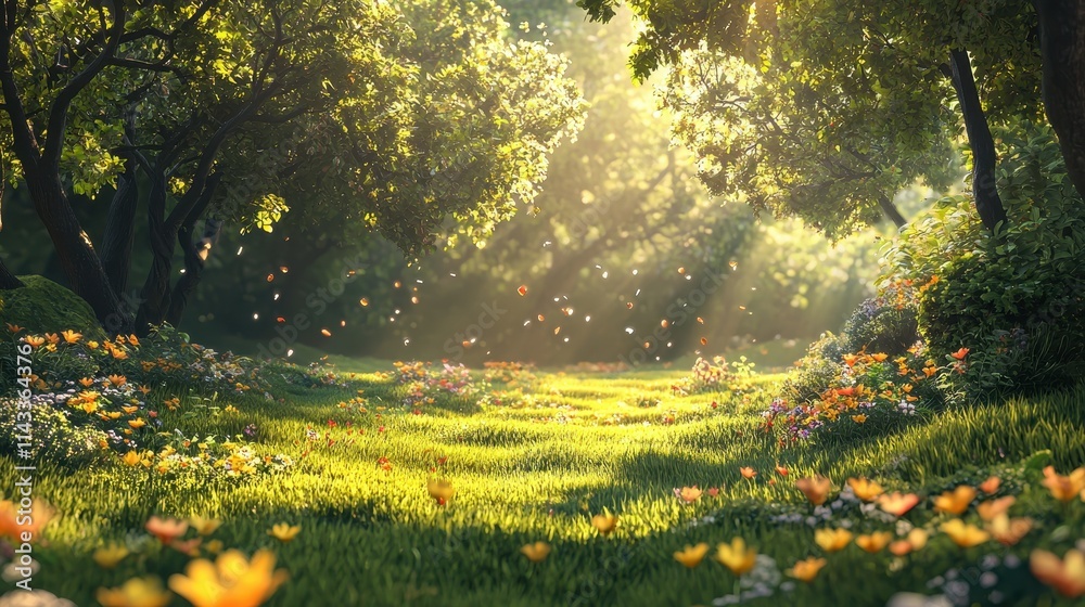 Obraz premium Serene Meadow Illuminated by Sunlight with Flourishing Plants and Vibrant Wildflowers