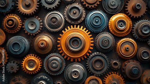Wallpaper Mural Close-up of many orange and grey metallic gears interlocked. Torontodigital.ca