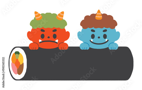 節分の恵方巻から顔を出す赤鬼と青鬼