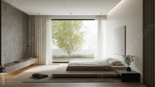 A room where simplicity meets elegance with a neutral palette, featuring a cream chaise, a modern pendant light, and floor-to-ceiling windows letting in abundant natural light