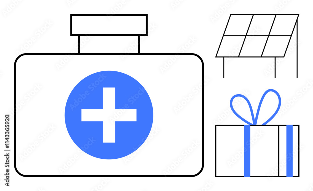 Obraz premium Medical kit with a cross symbol, solar panel with grid design, gift box with ribbon bow. Ideal for healthcare, emergency preparedness, renewable energy, presents, sustainability, medical supplies