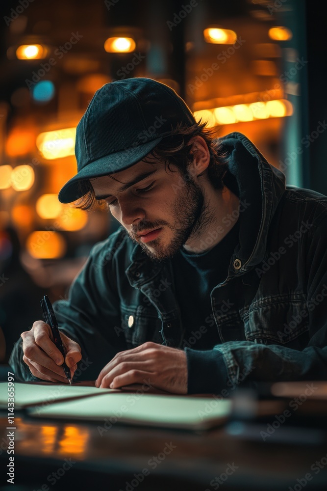 Young man in a cap writing in a notebook at a cozy cafe in the evening with soft ambient lighting. Generative AI Young man in a cap writing in a notebook at a cozy cafe in the evening with soft ambient lighting. Generative AI