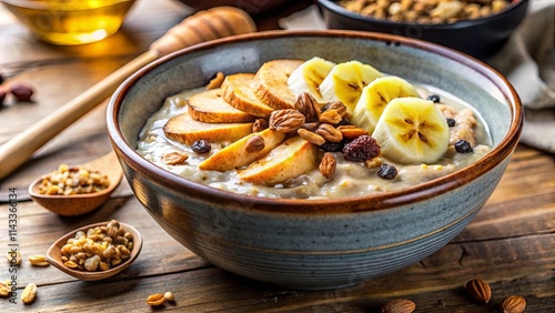 A bowl of creamy oatmeal topped with sliced bananas, roasted apples, dried fruits, and almonds, all arranged in a picturesque pattern, ready to be savored.