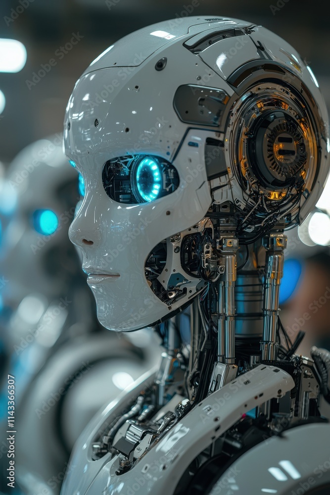 Fototapeta premium Advanced humanoid robot with glowing blue eyes on display at a technology exhibition in a modern venue. Generative AI