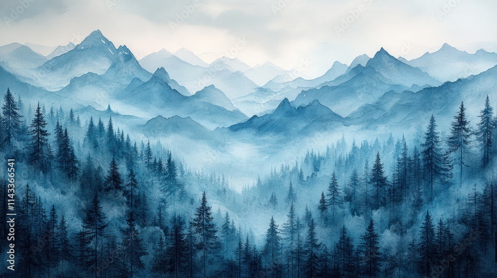 Fototapeta premium Misty Forest Watercolor Landscape Dreamy Winter Scenery