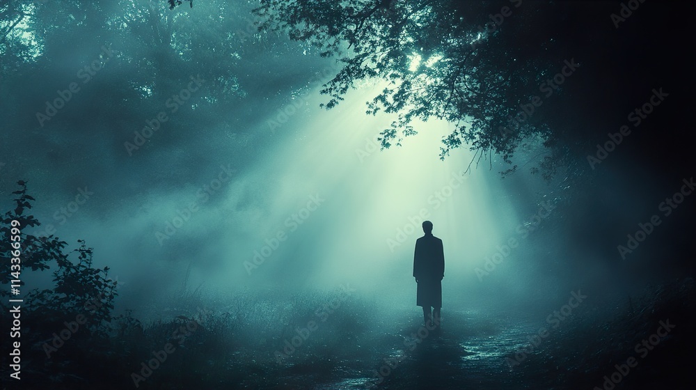 Mysterious Man Walking in Foggy Forest Path Mysterious Man Walking in Foggy Forest Path