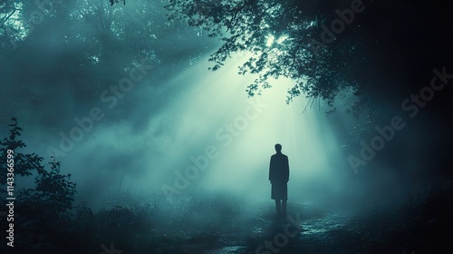 Wallpaper Mural Mysterious Man Walking in Foggy Forest Path Torontodigital.ca