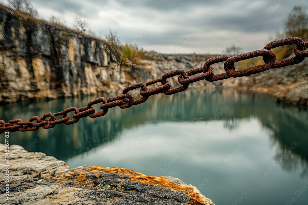 Obraz premium Rusty Chain Overlooking a Still Quarry Lake