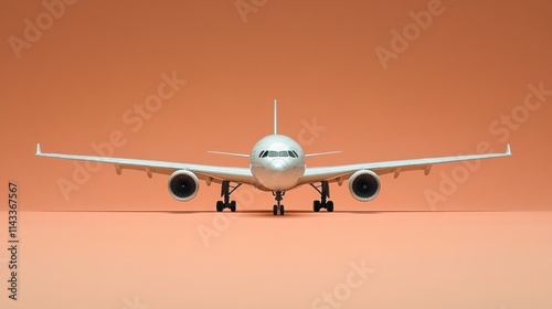 White airplane front view on peach background. photo