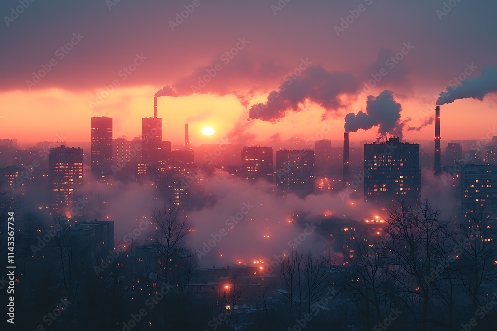A city at dawn with soft orange and pink skies, faint smog, and greenhouse gases rising from buildings and factories, highlighting urban pollution and the effects of climate change. The design capture A city at dawn with soft orange and pink skies, faint smog, and greenhouse gases rising from buildings and factories, highlighting urban pollution and the effects of climate change. The design capture