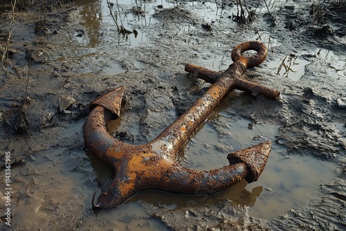 Rusty Anchor Rests In Muddy Shoreline Sediment