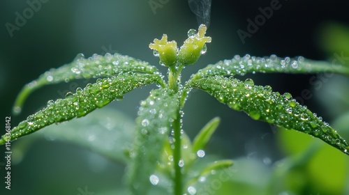 Young Seedling with Stomata on Leaves Releasing Water Vapor in a Lush Green Environment