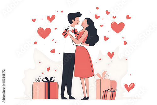 A flat vector illustration of Valentine's Day, featuring romantic symbols like hearts and roses, symbolizing love and affection. The design is modern and clean, with a white background