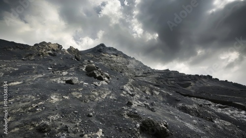 Dark volcanic peak ascends under a brooding, grey sky.  A stark, dramatic landscape. photo