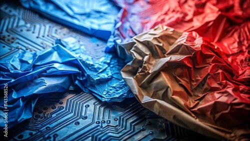 Abstract Composition of Crumpled Fabric on a Circuit Board with a Digital Aesthetic