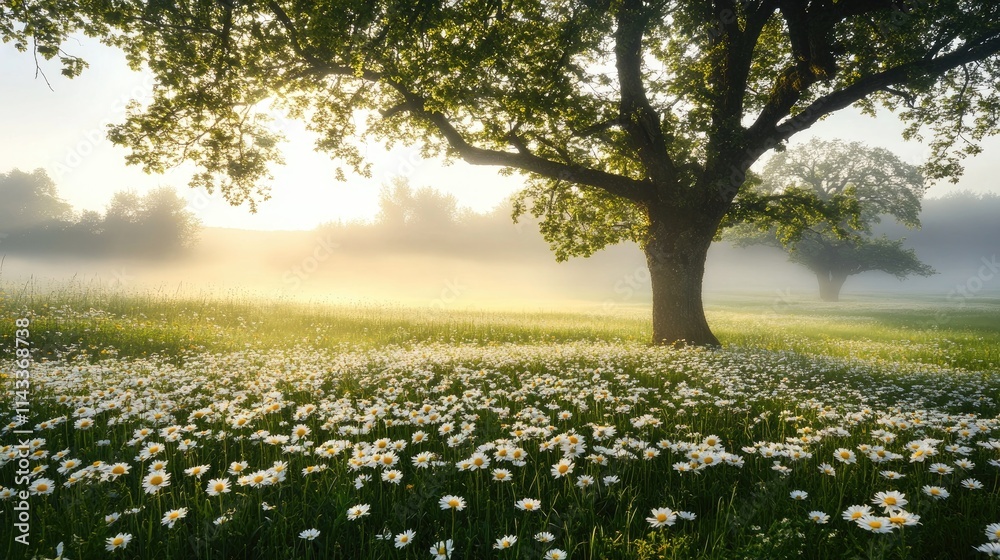 Fototapeta premium Tranquil Sunrise Over Flowering Meadow with Misty Background