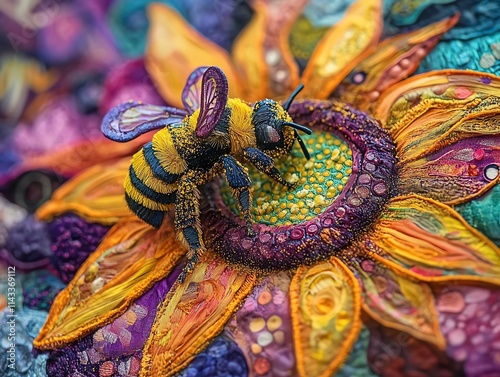 Obraz na płótnie A vibrant textile art piece featuring a bee on a colorful sunflower. w salonie