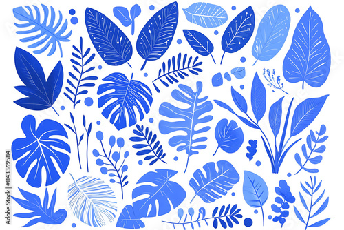 A flat vector illustration of a collection of tropical leaves in blue color, with foliage plants set against a space background. The design is modern and minimalistic, with a white background