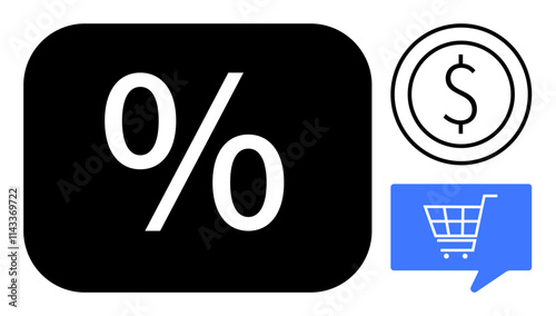 Percentage sign on black rectangle, dollar coin, blue shopping cart chat bubble. Ideal for finance, sales, discounts, economics, budgeting, shopping, and e-commerce themes. Line metaphor