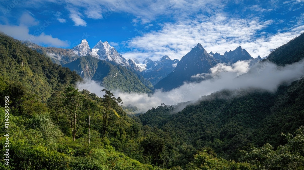 Stunning Mountain Landscape Under Bright Blue Sky with Clouds Stunning Mountain Landscape Under Bright Blue Sky with Clouds