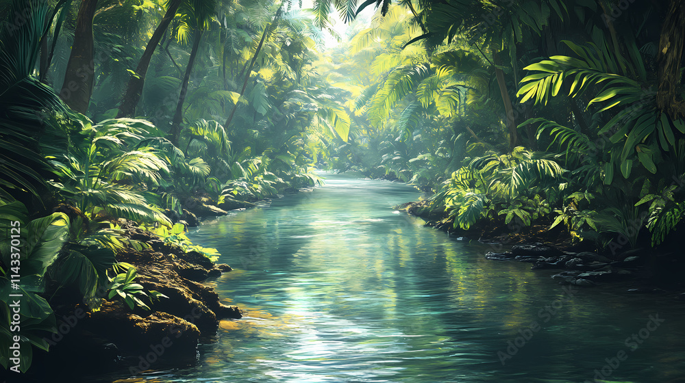 Rainforest rivulet: a crystal-clear river running through a dense, lush jungle. Rivulet. Illustration Rainforest rivulet: a crystal-clear river running through a dense, lush jungle. Rivulet. Illustration