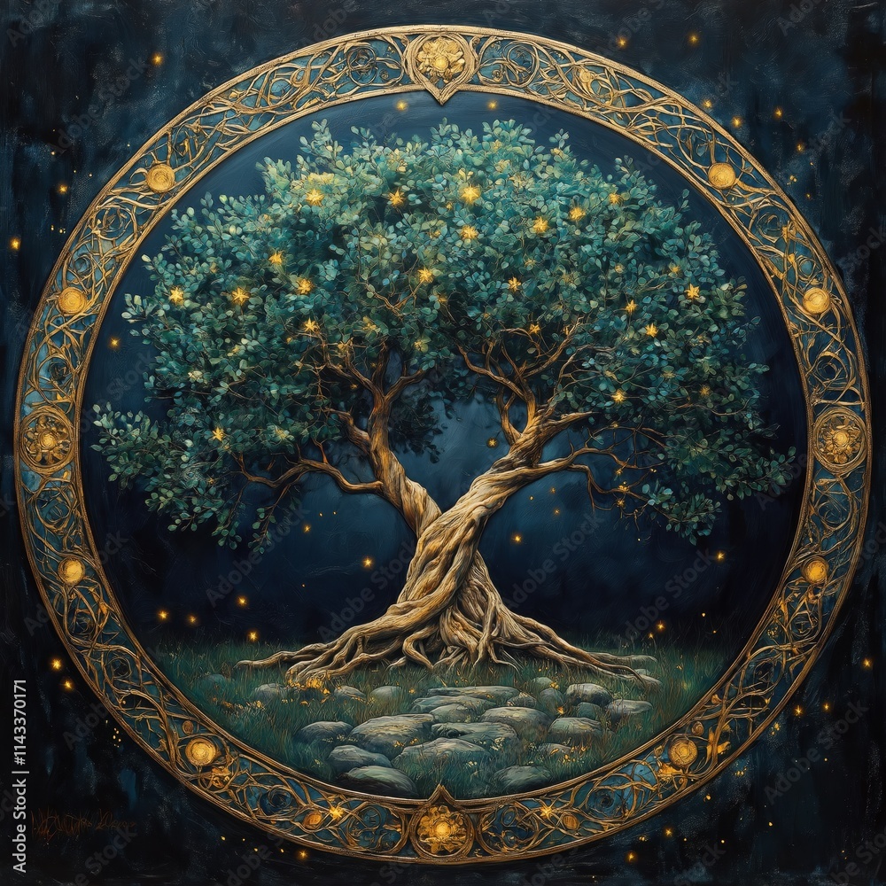 Fototapeta premium Ethereal Nighttime Landscape with Majestic Ancient Tree