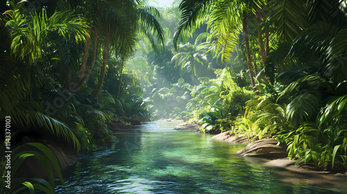 Rainforest rivulet: a crystal-clear river running through a dense, lush jungle. Rivulet. Illustration