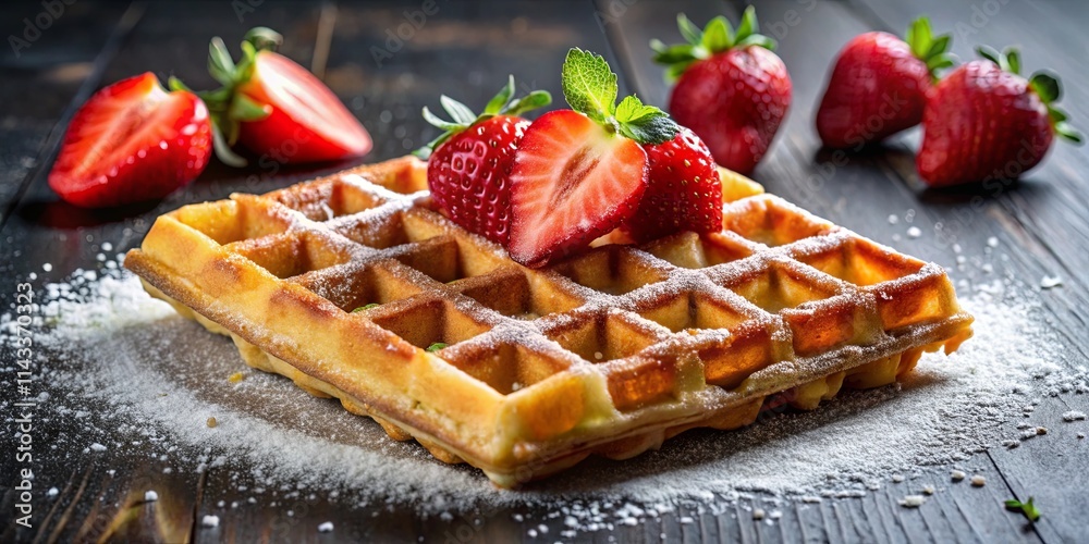 A golden waffle dusted with confectioners sugar adorned with fresh red fruit and a touch of green A golden waffle dusted with confectioners sugar adorned with fresh red fruit and a touch of green