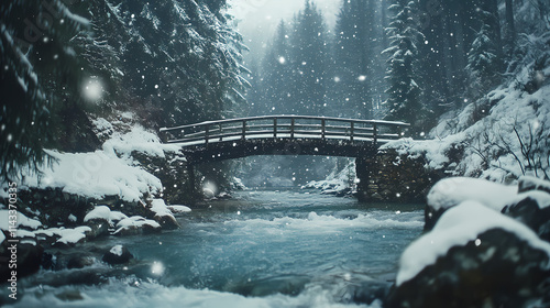 Selective focus bridge across the rivulet in snow forest, landscape view of bridge cross the melting water from snow mountain. Rivulet. Illustration