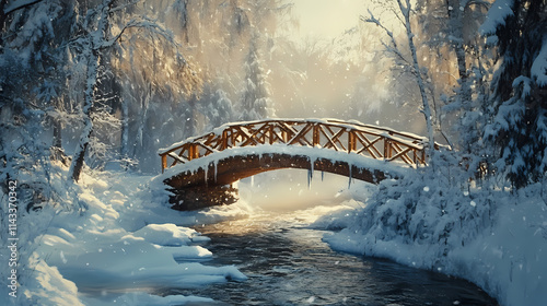 Selective focus bridge across the rivulet in snow forest, landscape view of bridge cross the melting water from snow mountain. Rivulet. Illustration