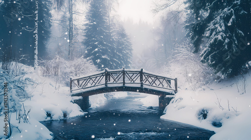 Selective focus bridge across the rivulet in snow forest, landscape view of bridge cross the melting water from snow mountain. Rivulet. Illustration