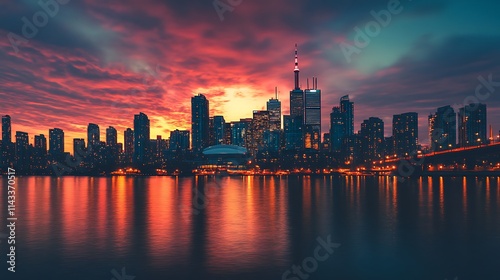 Vibrant Sunset over a City Skyline. Concept of urban beauty and vibrant colors.