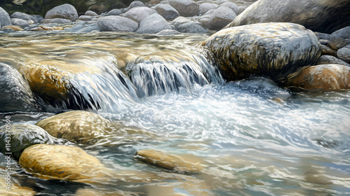 Serene mountain stream: crystal clear water flowing over smooth rocks. Rivulet. Illustration