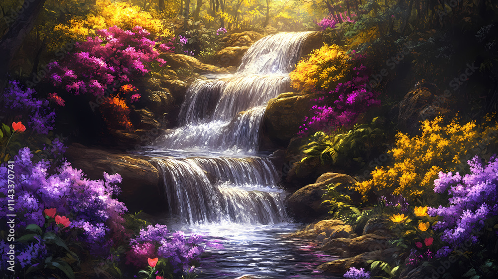 Obraz premium Serene waterfall cascading amidst vibrant blooms. Rivulet. Illustration