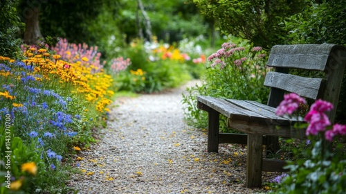 Serene Garden Path Surrounded by Vibrant Flowers