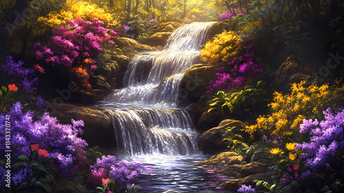 Serene waterfall cascading amidst vibrant blooms. Rivulet. Illustration