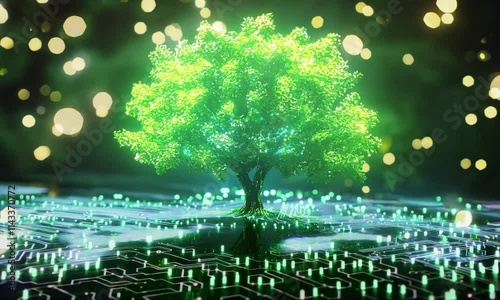 A glowing tree emerging from a digital landscape, symbolizing the fusion of nature and technology.