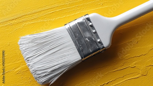 White paintbrush on vibrant yellow textured surface. photo