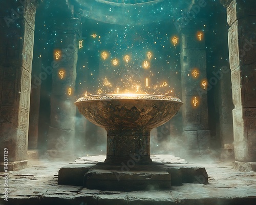 Ancient Temple Bowl Glowing With Magical Symbols photo