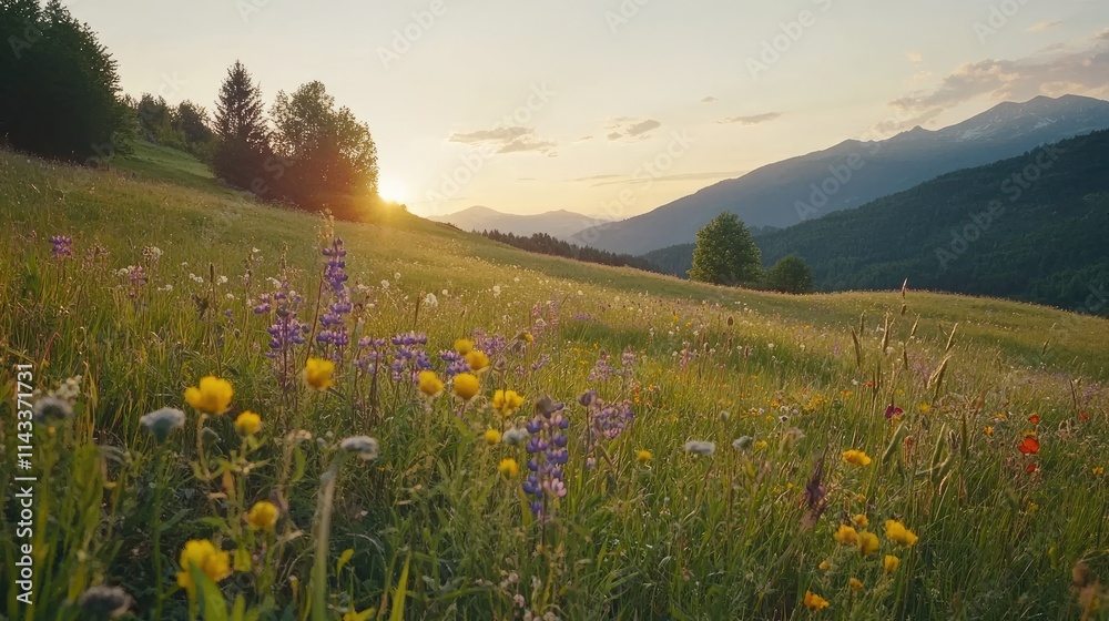 Fototapeta premium Serenity of Nature: Colorful Wildflowers in a Vibrant Landscape
