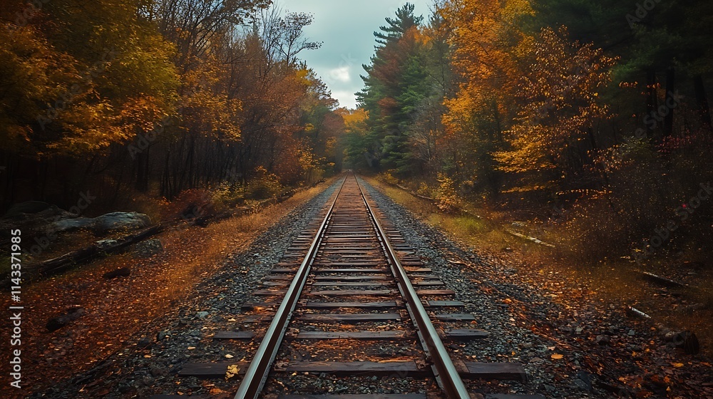 Autumn Forest Railway Tracks. Concept of journey, exploration, and nature. Autumn Forest Railway Tracks. Concept of journey, exploration, and nature.