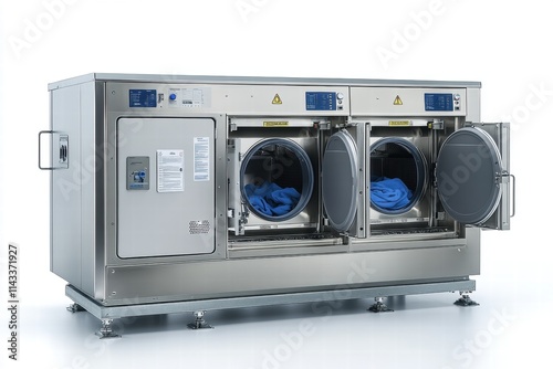 Modern Industrial Laundry Machines with Open Doors for Easy Access photo