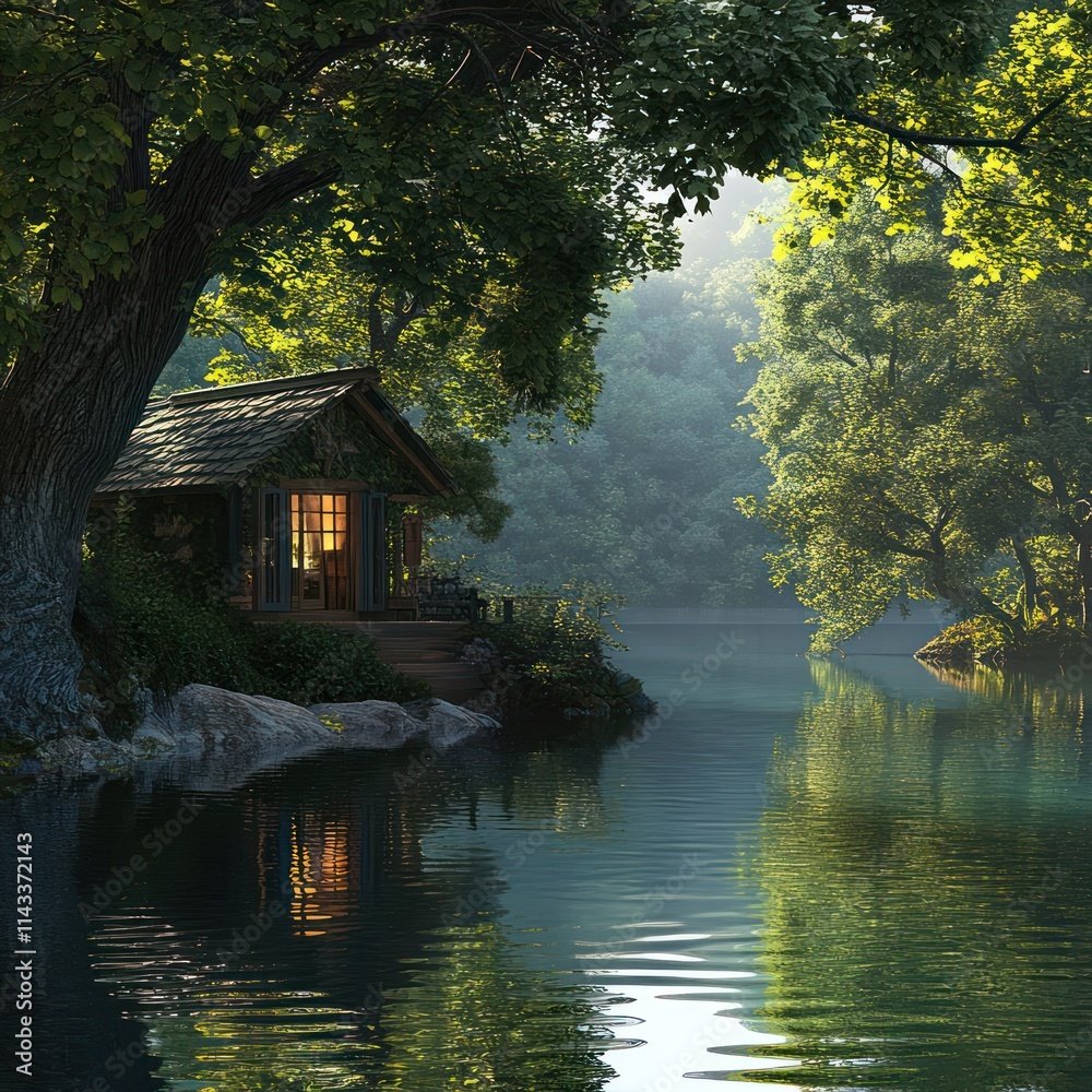 Fototapeta premium Quiet lakeside cabin with serene lake views.