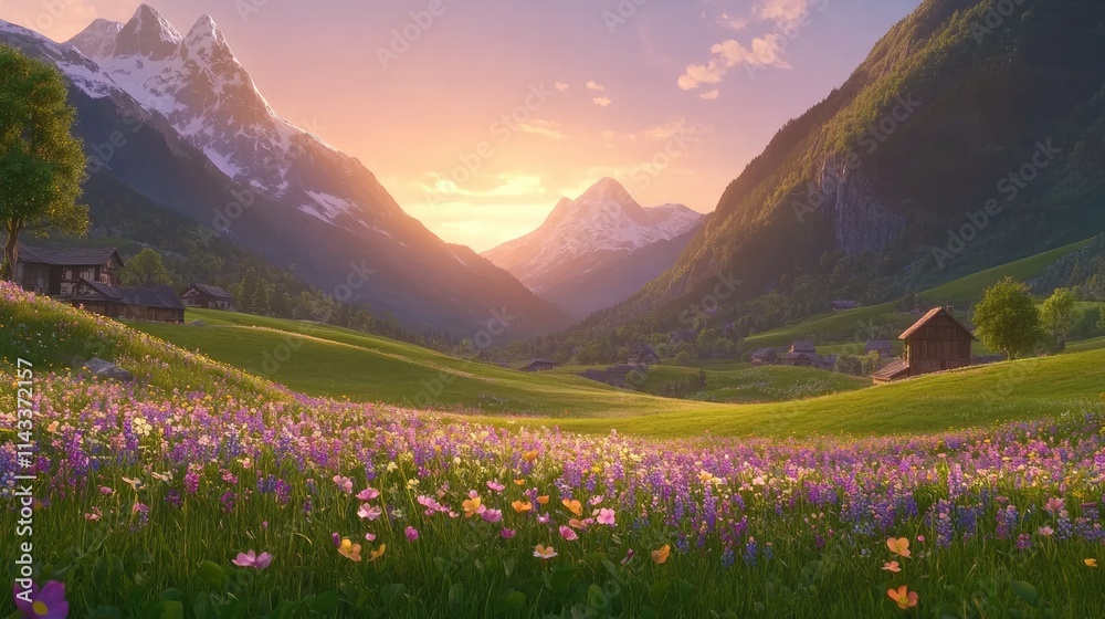 Fototapeta premium Serene Mountain Landscape with Colorful Wildflowers at Sunrise
